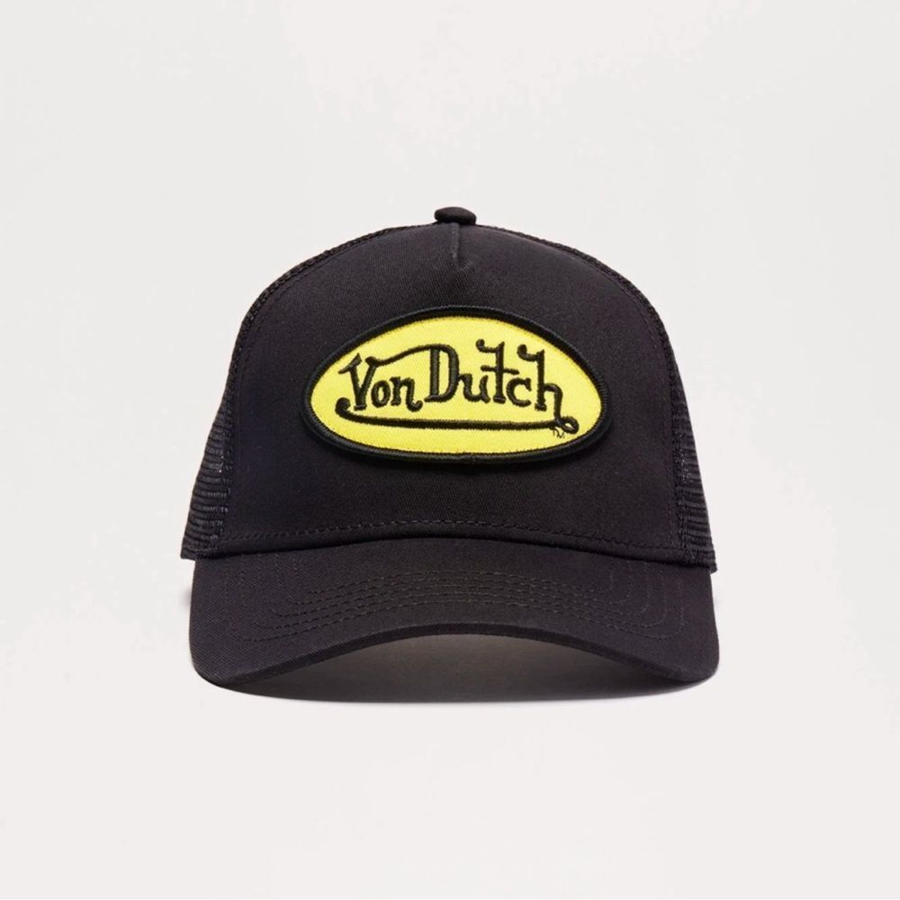 Von Dutch Black Trucker Hat with Yellow Logo Patch
